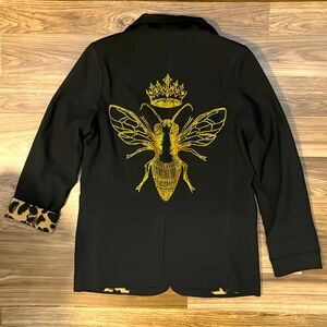 Swarovski Golden Crystal Queen Bee Leopard Lined Black Studs Pockets Jacket S
